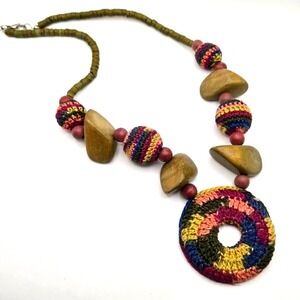 One-of-a-Kind Handmade Crochet Necklace Chunky Wood Beads and Coconut Heishi
